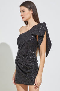 Black One Shoulder Sequins Dress