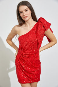Red One Shoulder Sequins Dress