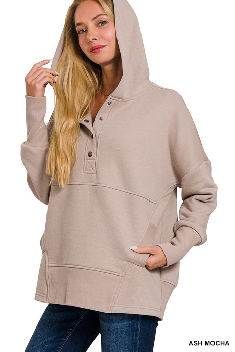 Ash Mocha Half Button Fleece Hooded Pullover