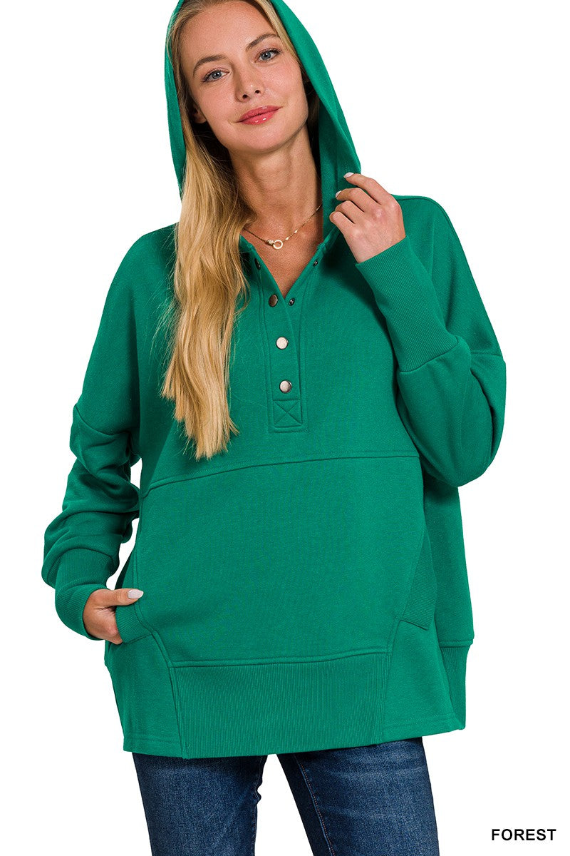Forest Half Button Fleece Hooded Pullover