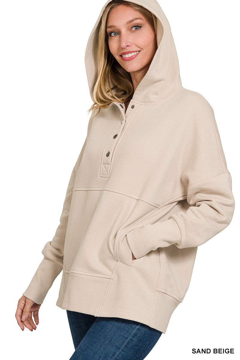 Sand Beige Half Button Fleece Hooded Pullover