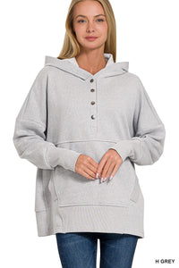 Grey Half Button Fleece Hooded Pullover