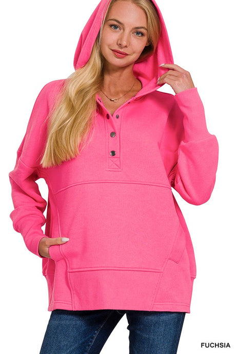 Fuchsia Half Button Fleece Hooded Pullover