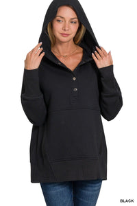 Black Half Button Fleece Hooded Pullover