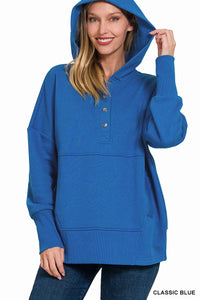 Classic Blue Half Button Fleece Hooded Pullover