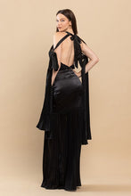 Black Backless Pleated Fringe Satin Maxi Dress
