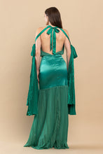 Green Backless Pleated Fringe Satin Maxi Dress