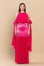 Fuchsia Backless Pleated Fringe Satin Maxi Dress