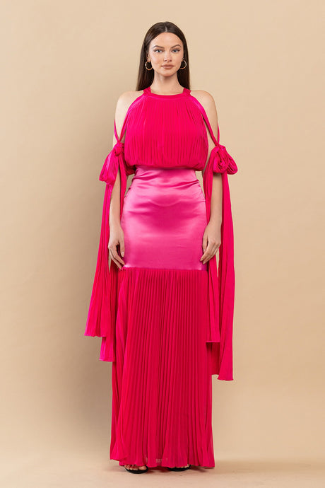 Fuchsia Backless Pleated Fringe Satin Maxi Dress