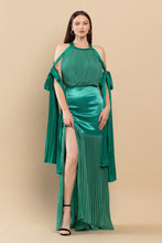 Green Backless Pleated Fringe Satin Maxi Dress