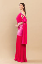 Fuchsia Backless Pleated Fringe Satin Maxi Dress