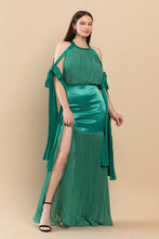 Green Backless Pleated Fringe Satin Maxi Dress