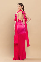 Fuchsia Backless Pleated Fringe Satin Maxi Dress
