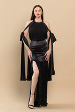 Black Backless Pleated Fringe Satin Maxi Dress