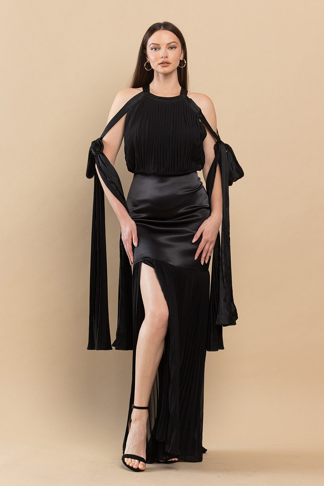 Black Backless Pleated Fringe Satin Maxi Dress
