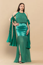 Green Backless Pleated Fringe Satin Maxi Dress