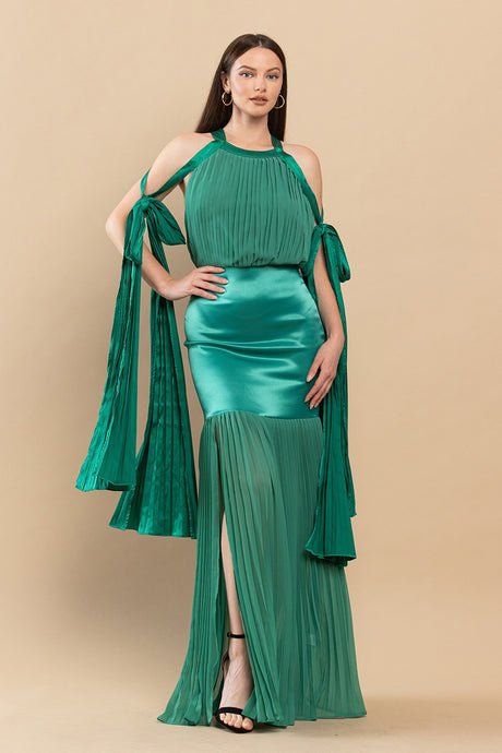 Green Backless Pleated Fringe Satin Maxi Dress