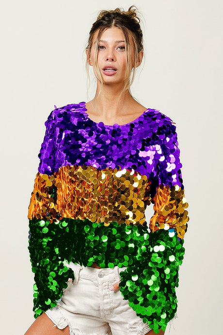 Purple/Mustard Mardi Gras Color Block Spangle Top