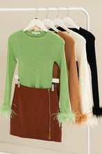 Green Fuzzy Cuff Round Neck Top