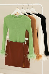 Green Fuzzy Cuff Round Neck Top