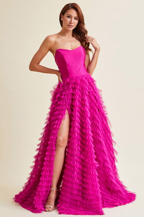 Magenta Strapless Sweetheart A Line Ruffle Dress