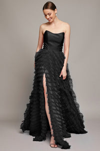 Black Strapless Sweetheart A Line Ruffle Dress