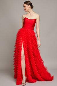 Red Strapless Sweetheart A Line Ruffle Dress