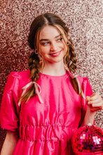 Hot Pink Puff Sleeve Shiny Holiday Party Mini Dress