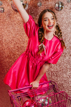 Hot Pink Puff Sleeve Shiny Holiday Party Mini Dress