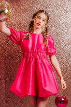 Hot Pink Puff Sleeve Shiny Holiday Party Mini Dress