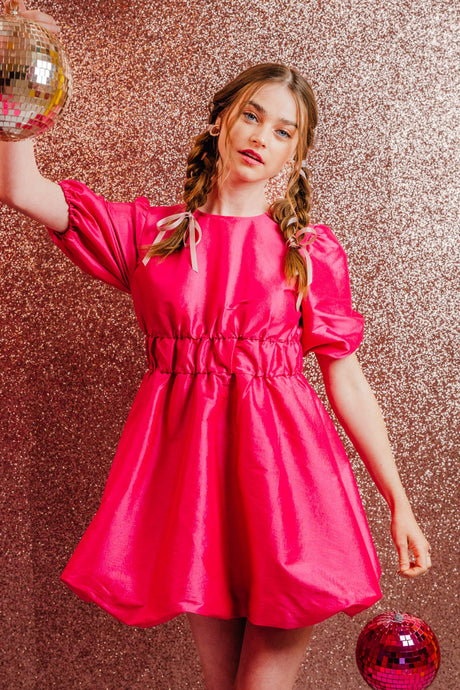 Hot Pink Puff Sleeve Shiny Holiday Party Mini Dress