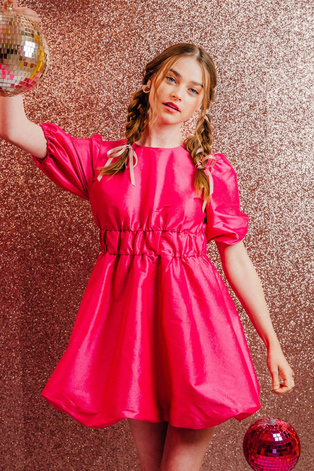 Hot Pink Puff Sleeve Shiny Holiday Party Mini Dress