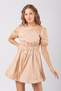Champagne Puff Sleeve Shiny Holiday Party Mini Dress