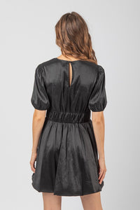 Black Puff Sleeve Shiny Holiday Party Mini Dress