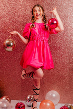 Hot Pink Puff Sleeve Shiny Holiday Party Mini Dress