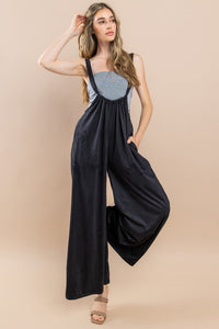 Black Solid Suede Oversized Suspender Jumpsuit With Pockets