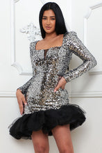 Silver Sequin With Mesh Ruffle Bottom Midi Dress