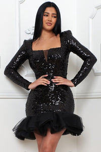 Black Sequin With Mesh Ruffle Bottom Midi Dress