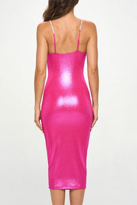Ultra Fuchsia Glitter Rhinestone Strap Bodycon Midi Dress