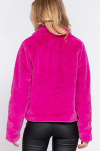 Magenta Long Slv Notched Collar Open Front Faux Fur Jacket
