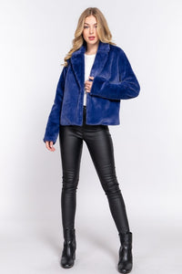 Navy Long Slv Notched Collar Open Front Faux Fur Jacket