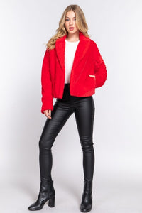Red Long Slv Notched Collar Open Front Faux Fur Jacket
