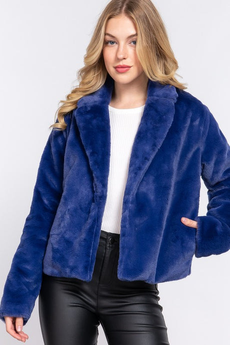 Navy Long Slv Notched Collar Open Front Faux Fur Jacket