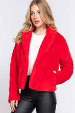 Red Long Slv Notched Collar Open Front Faux Fur Jacket