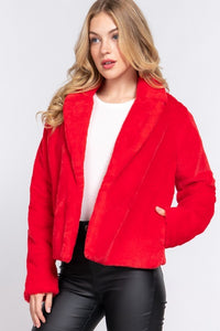 Red Long Slv Notched Collar Open Front Faux Fur Jacket
