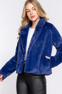 Navy Long Slv Notched Collar Open Front Faux Fur Jacket