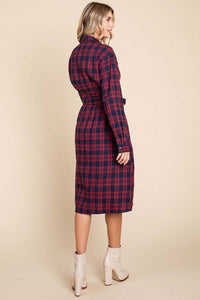Red Long Sleeve Plaid Belted Flannel Shirt Dress