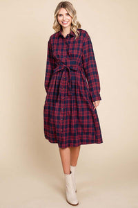 Red Long Sleeve Plaid Belted Flannel Shirt Dress