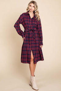 Red Long Sleeve Plaid Belted Flannel Shirt Dress