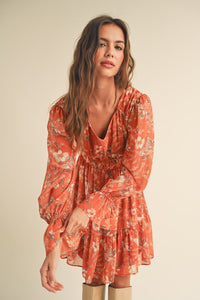 Rust Multi Floral Multi Long Puff Sleeve Tiered Mini Dress